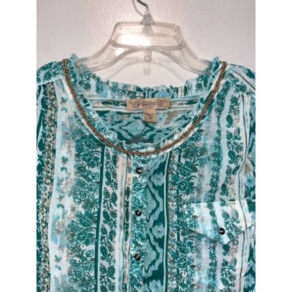 Nine West Women's Boho-Inspired Turquoise & White Striped Top‎ Medium - Picture 2 of 10